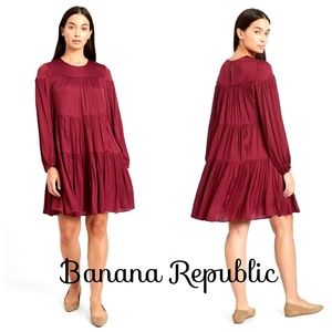 Nwt Banana Republic Matte Satin Mulled Cranberry Tiered Longsleeve Shift Dress
